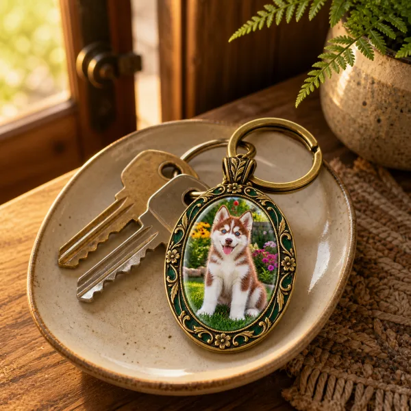 The husky keepsake keychain on a ceramic dish beside a set of keys