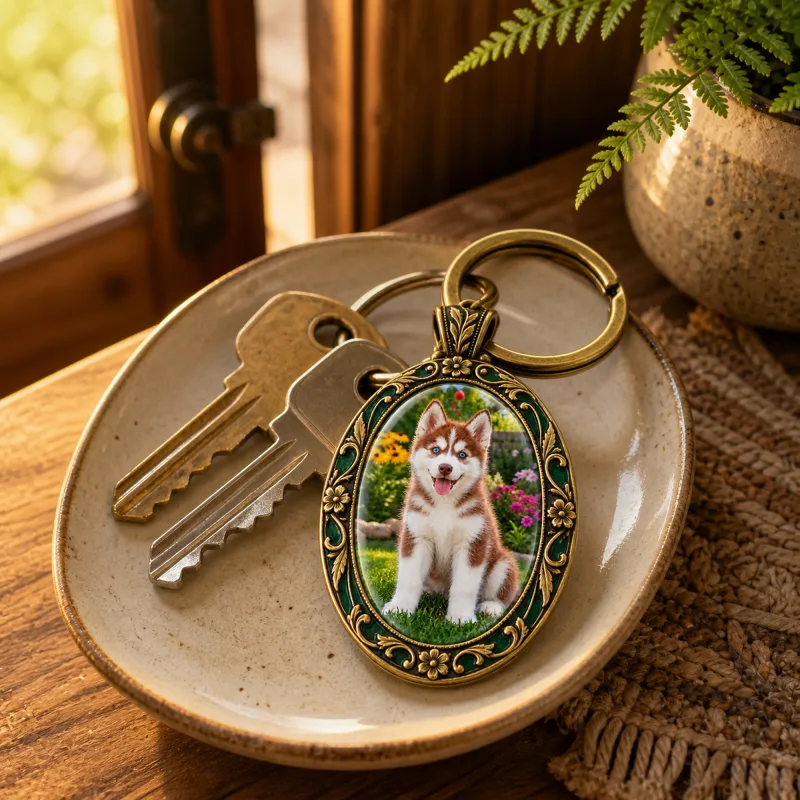 The husky keepsake keychain on a ceramic dish beside a set of keys