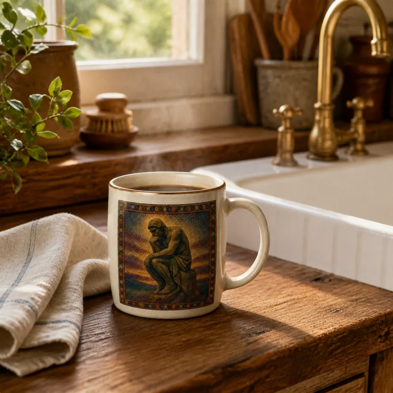 The cream stoneware mug on a table beside morning light