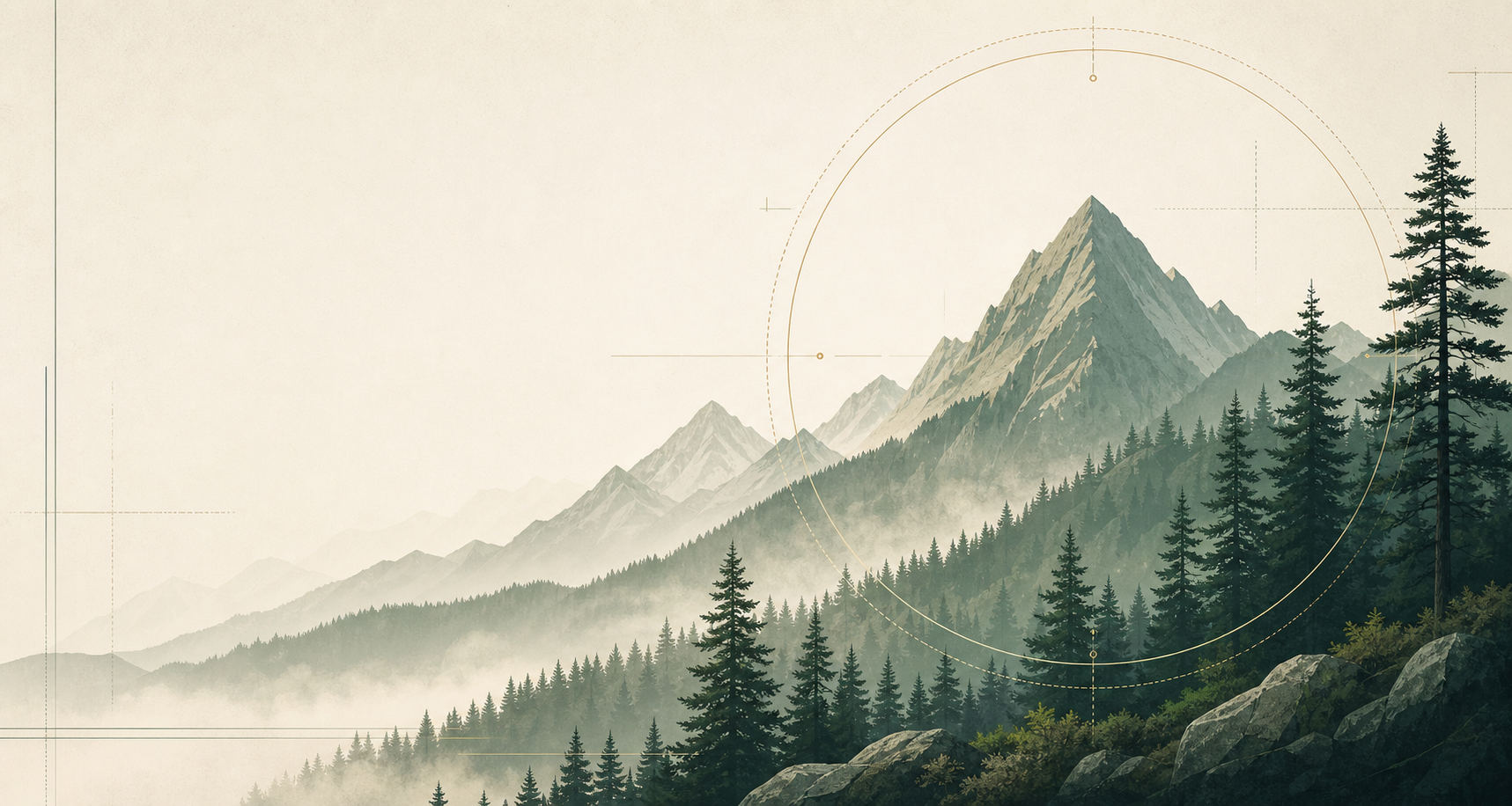 Misty mountain ranges and pine forest framed by a fine gold circle
