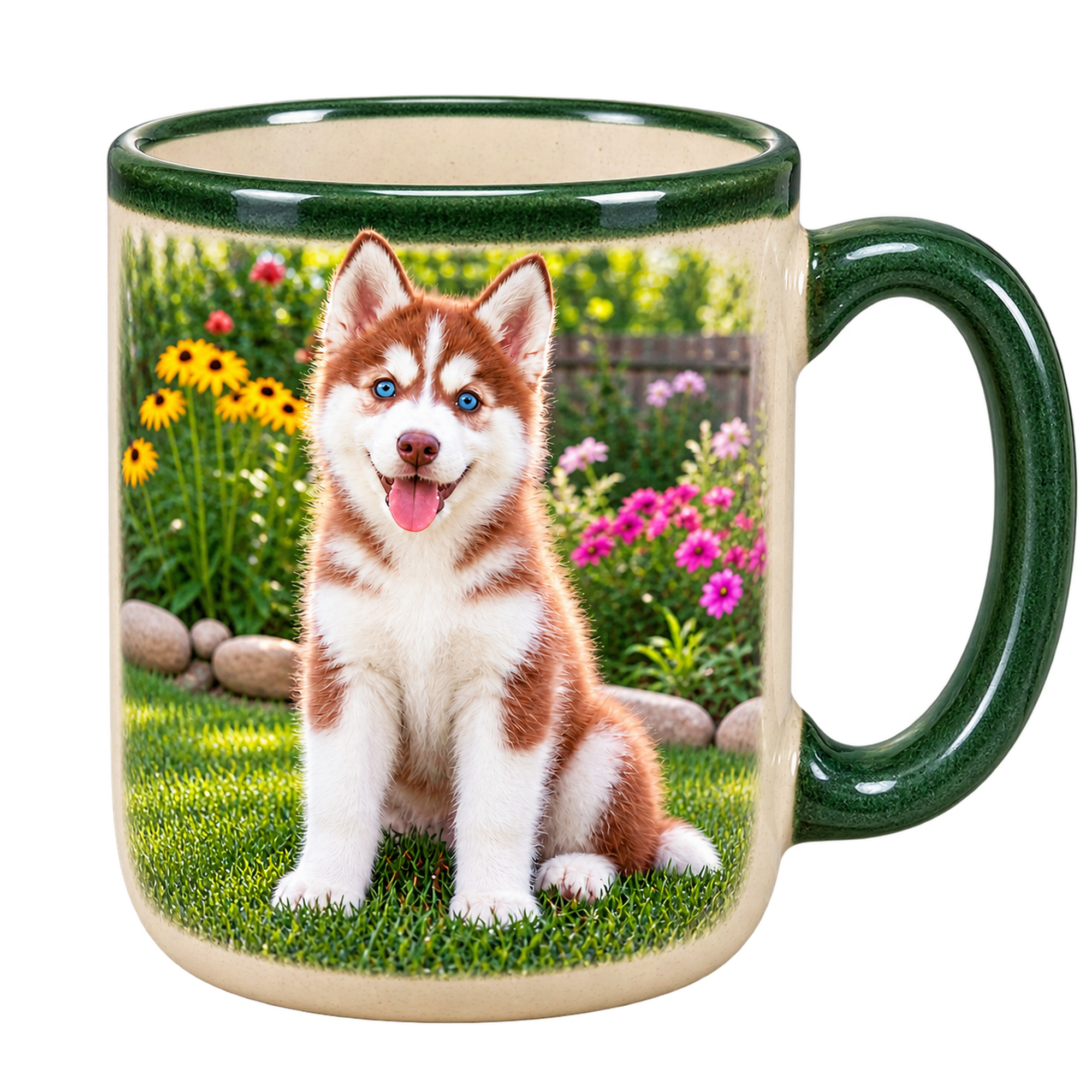 Ivory stoneware mug with a forest-green rim and handle carrying the garden portrait